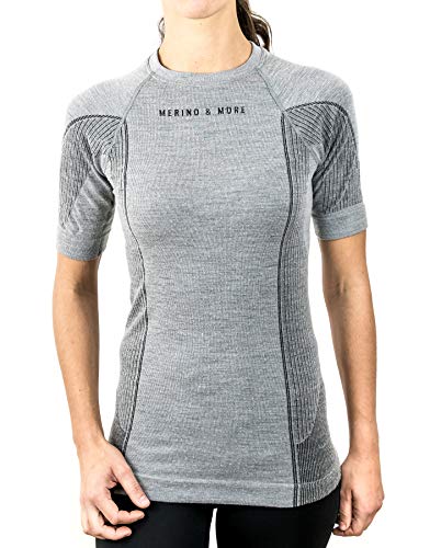 Merino & More Merino Shirt Damen - Premium Funktionsunterwäsche aus hochwertiger Merinowolle - Sport - Funktionsshirt - Kurzarm hellgrau Gr. M