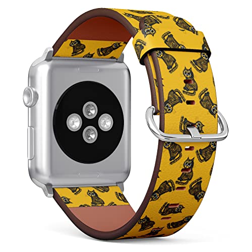 IKIKI-TECH Kompatibel mit Apple Watch, 38 mm, 40 mm, 41 mm (lustige Katzen auf gelbem Muster), Ersatzarmband aus veganem Leder für iWatch Series 8, 7, 6, 5, 4, 3, 2, 1 Ultra SE
