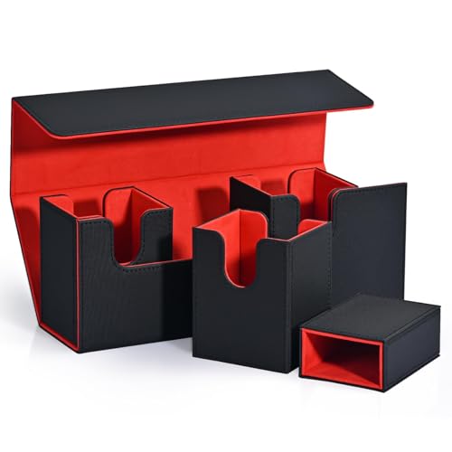Luejnbogty Kartenaufbewahrungsbox mit WüRfelfach, 4-In-1-Kartendeck-HüLle für Mehr Als 300 Karten, Magnetischer Karten-Organizer Schwarz + Rot