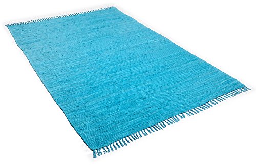 Dhurry | Fleckerl | Flachgewebe-Teppich aus 100% Baumwolle; handgewebt, waschbar, beidseitig verwendbar | 60 x 120 cm; Türkis | Happy Cotton