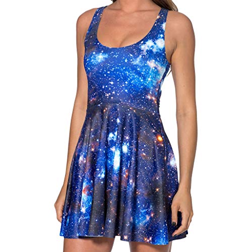 Frauen Ärmel Skater-Kleid-Sommer Bunte - 3D Digital Printing Kleid Mode Glühende Blauer Sternenhimmel Galaxie Printied Skater-Kleid, (Color : Multi-Colored, Size : S)