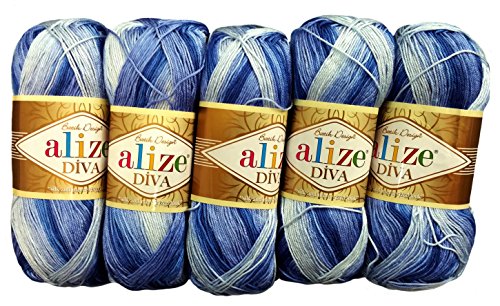 Alize 5 x 100 Gramm Batik Wolle Mehrfarbig mit Farbverlauf, 500 Gramm merzerisierte Strickwolle Microfiber-Acryl (dunkelblau blau weiß 3282)