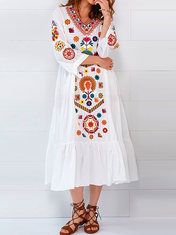 Ethnisch Damen V-Ausschnitt Langarm Blumendruck Holiday Bohemian Plissee Maxi Kleid