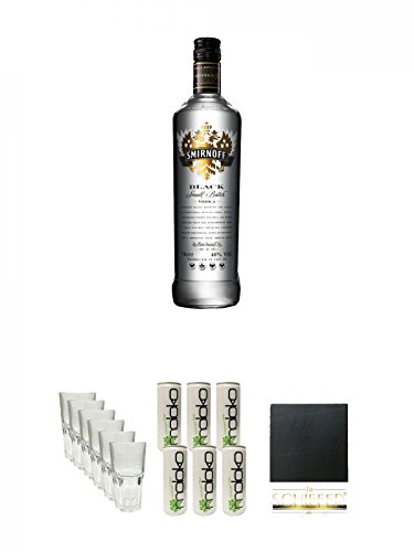 Smirnoff Vodka Black Label 0,70 Liter + Smirnoff Gläser 6 Stück + Moloko Softdrink 6 x 0,25 Liter + Schiefer Glasuntersetzer eckig ca. 9,5 cm Durchmesser