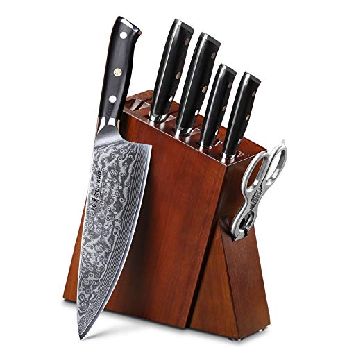 TURWHO Messerset Messerblock, 7-teiliges Küchenmesser Set,Damaststahl-Küchenmesser-Set mit Block aus Holz