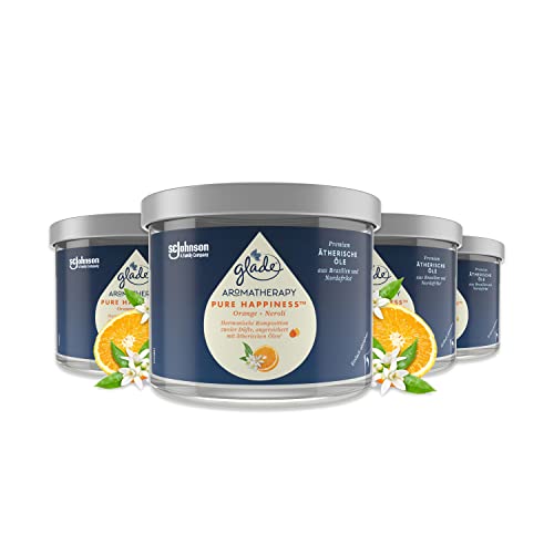 Glade Aromatherapy Essential Oils Duftkerze, Pure Happiness, Orange + Neroli, Glade Duftkerze mit ätherischen Ölen, 4 x 260g (4er Pack)