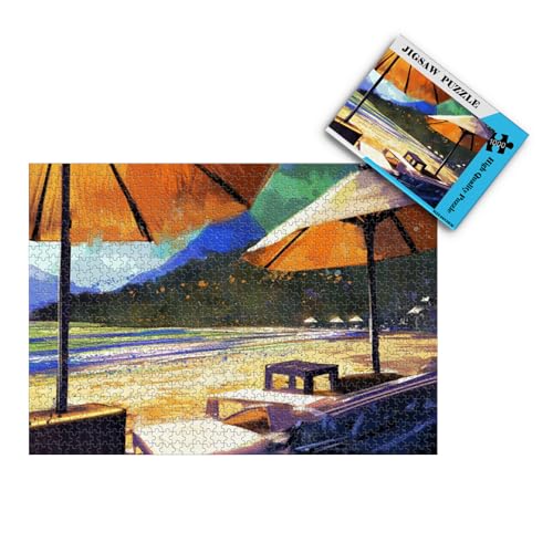 Puzzle 1000 Teile Erwachsene Puzzle Puzzle Klassisches 3D Puzzle Malerei von Sonnenschirmen und Liegestühlen am Strand Buntes Spielzeug für Bildung und Entspannung 26 * 38cm