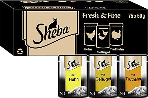 Sheba Fresh & Fine in Sauce - Hochwertiges Katzen Nassfutter - Portionsbeutel Multipack mit Huhn, Geflügel und Truthahn, 75 x 50g