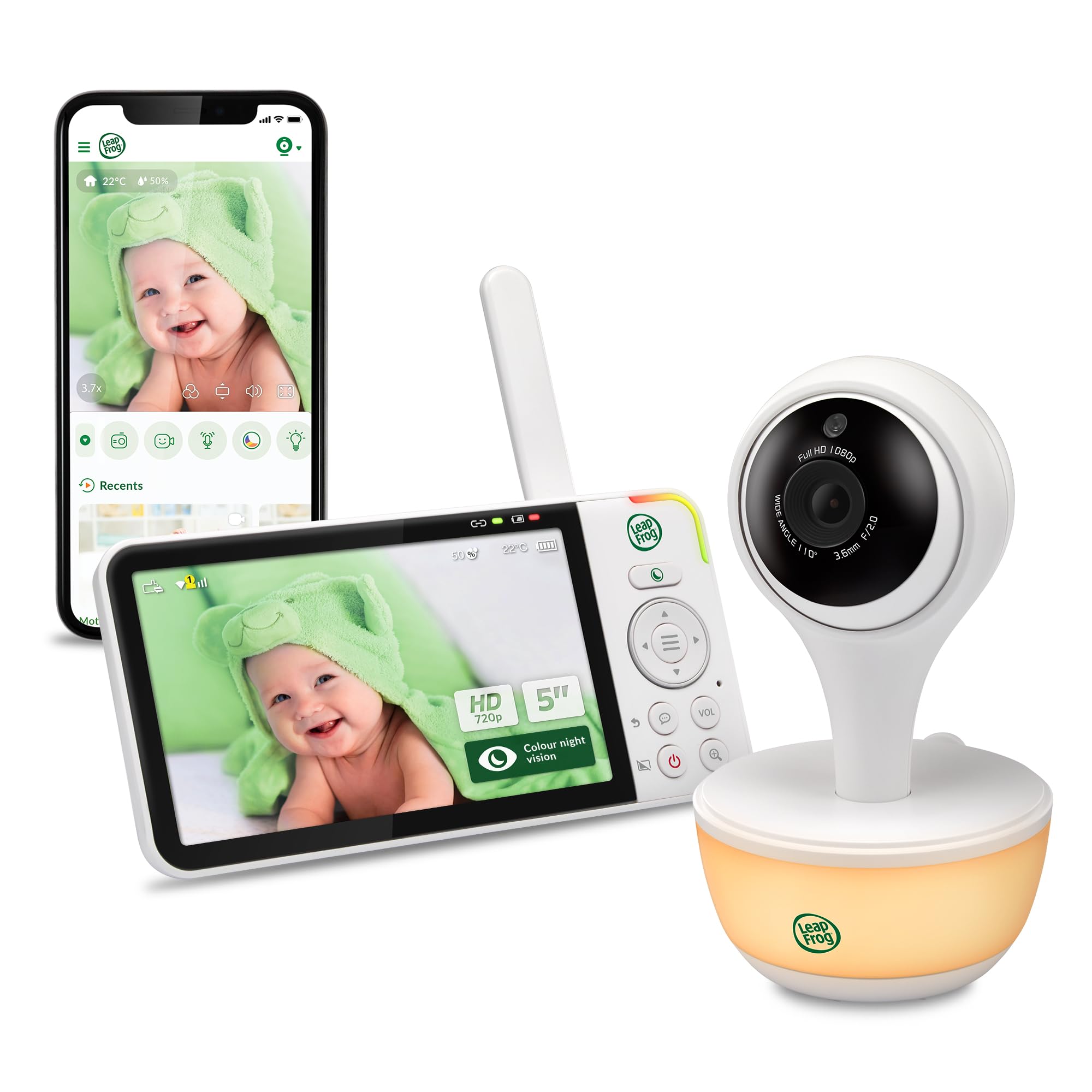 LeapFrog LF815HD smartes Video-Babyphone mit 5-Zoll HD-Farbdisplay, WLAN, Temperatur/Feuchtigkeitssensor, Weitwinkelobjektiv, farbiges Nachtlicht, 8-Fach Zoom, App-Funktion, Wandmontage, Weiss