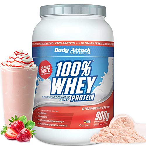 Body Attack - 100% Whey Protein, Strawberry 2 x 900g - Made in Germany - extra cremiges Eiweißpulver mit Hydrolysat und BCAA´s, unterstützt Muskelaufbau und Diäten, für alle Sportler & Athleten