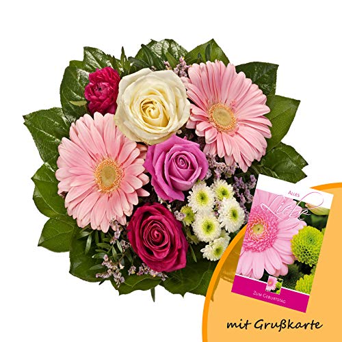 Dominik Blumen und Pflanzen, Blumenstrauß "Tango" aus 3 Rosen, Ranunkel, Chrysantheme und Gerbera und Grußkarte "Geburtstag"