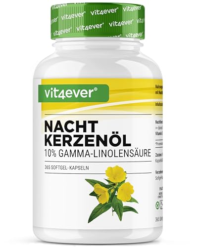 Nachtkerzenöl - 365 Kapseln - Hochdosiert mit 2000 mg je Tagesdosis - Premium: 10% Gamma-Linolensäure GLA, mit natürlichem Vitamin E & kaltgepresst - Laborgeprüft