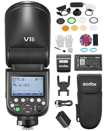 GODOX V1PROC kabelloser Kamerablitz AK-R1 Kit +24 Stück Kamerablitzgels 1/8000 s HSS, M/TTL-Blitzmodus 1,3 s Wiederaufladezeit unterstützt Typ-C-Stromversorgung kompatibel mit Canon EOS-Kameras