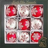 Krebs Glas Lauscha - Weihnachtsdekoration/Christbaumschmuck aus Glas - Weihnachtskugeln - Motiv: Schneeflocken Rot/Weiß - 9 Stück - Größe: ca. 8 cm