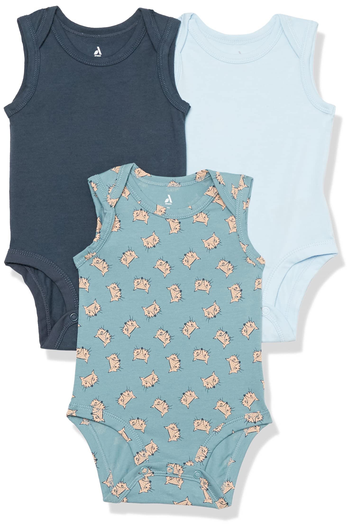 Amazon Essentials Unisex Baby Ärmelloser Body aus Baumwoll-Stretchjersey (zuvor Amazon Aware), 3er-Pack, Blassblau Fuchsaufdruck/Hellblau/Marineblau, 3-6 Monate