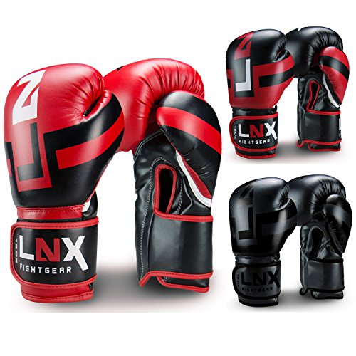 LNX Boxhandschuhe Performance Pro Leder 10 12 14 16 Oz - ideal für Kickboxen Boxen Muay Thai MMA Kampfsport UVM schwarz/rot (001) 12 Oz