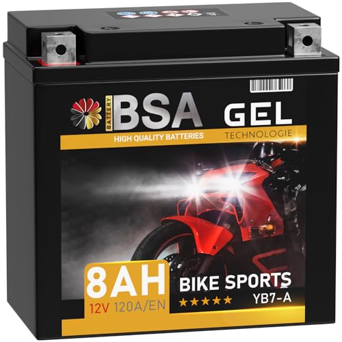 BSA YB7-A GEL Roller Batterie 12V 8Ah 120A/EN Motorradbatterie doppelte Lebensdauer entspricht 50813 12N7-4A vorgeladen auslaufsicher wartungsfrei