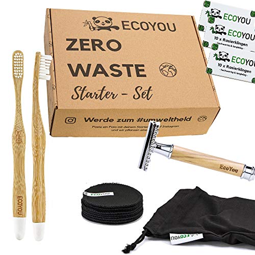 EcoYou Zero Waste Set Bad Geschenkset- Hochwertiger Rasierhobel aus Olivenholz, Waschbare Abschminkpads, 2 x Bambus Zahnbürsten und Rasierklingen - in Geschenkverpackung