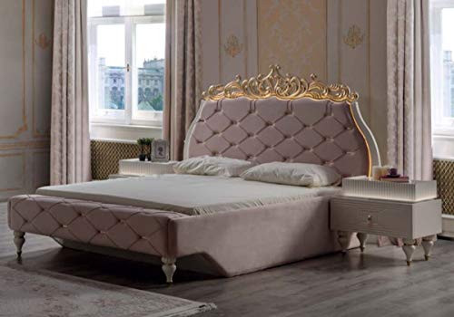 Casa Padrino Luxus Barock Doppelbett Rosa/Creme/Gold 204 x 233 x H. 149 cm - Edles Massivholz Bett mit Kopfteil - Prunkvolle Schlafzimmer Möbel im Barockstil