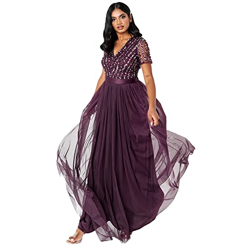 Maya Deluxe Women's Maxi Ladies V-Neck Plus Size Ball Gown Short Sleeves Long Elegant Empire Waist Bridesmaid Dress, Berry, 40