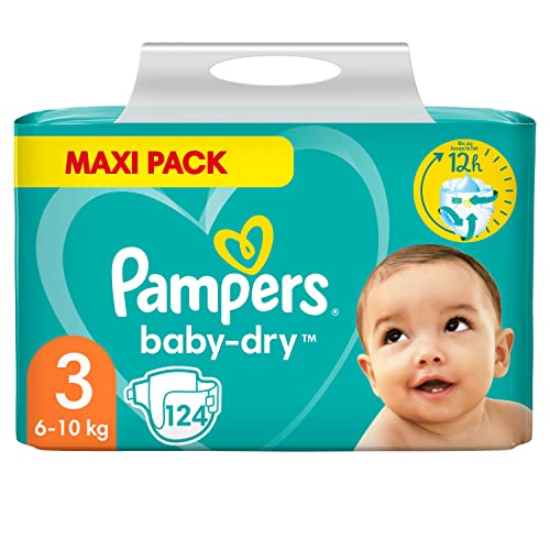 Pampers Baby Windeln Größe 3 (6-10kg) Baby-Dry, Midi, 124 Stück, MAXI PACK, bis zu 12 Stunden Rundum-Auslaufschutz