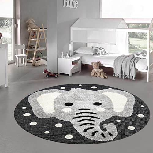 Teppich-Traum Kinderzimmer Teppich Baby Spielteppich 3D Optik High Low Effekt Elefant Creme grau schwarz 200 cm rund