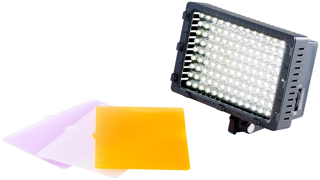 Somikon LED Fotolicht: Foto- & Videoleuchte, 126 Tageslicht-LEDs, 8 Watt, 520 Lumen, 5.500 K (Akku Videoleuchte, LED Videoleuchte zum Fotografieren, Blitzschiene)