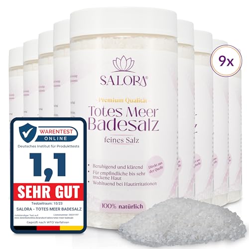 Salora ® Premium Totes Meer Badesalz 9 x 1150gr [Frei von Zusatzstoffen] - Meersalz Badesalz aus Jordanien - Vollbad oder Fußbad Salz mit Peeling Effekt als Badezusatz - Fein - Vorteilspack