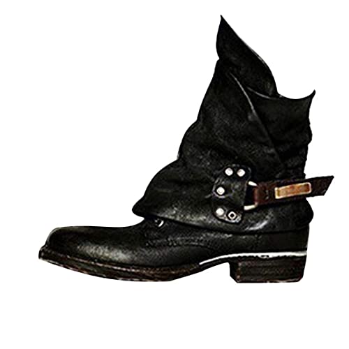 Damen Retro Leder Stiefel Blockabsatz Stiefeletten Frauen Bequeme Schuhe mit Rutschfester Sohle Herbst Winter Casual Boots B Schwarz 43 EU
