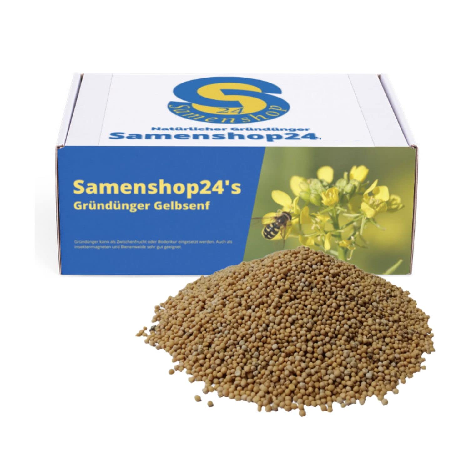 Samenshop24® Gelbsenf, Inhalt: 10kg für ca. 2000m², schnellwüchsig, starke Bodendurchwurzelung, Nahrungsquelle für Nützlinge (Bienen & Falter), Bodenkur & Gründünger, Premium Saatgut