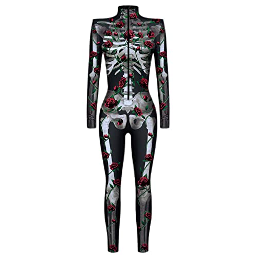 Huaxingda Damen Skelett Overall - Skelett Totenkopf Kostüm | Skelett Kostüm Frauen Bodysuit, 3D Digital Printing, Lange Ärmel, Rundhals Design