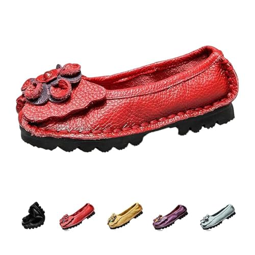 Vimlo Bequeme, Flache Mom-Schuhe aus Rindsleder mit weicher Sohle for Damen, Flache Damenschuhe, elegant, lässig, bequem, for Hineinschlüpfen (Color : Red, Size : 40)