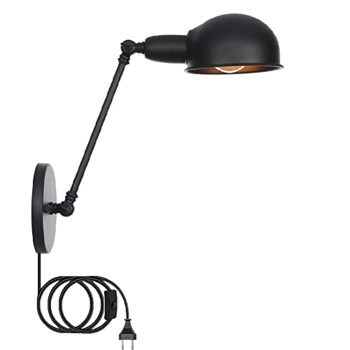 Schwarz Vintage Wandleuchte Mit Schalter, Verstellbare Wandlampe mit Stecker Schwenkbar Metall Lampenschirm Wand-Leselampe mit Kabel E27 Innen Industrialleuchte für Schlafzimmer Wohnzimmer Flur Büro