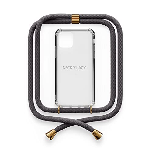 NECKLACY® - Die Premium Handykette für Apple iPhone 13 Pro in Stormy Grey | transparente Handyhülle mit hochwertiger Kordel zum Umhängen - Smartphone Crossbody Case