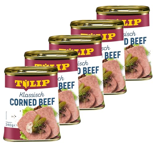 TULIP 5x Corned Beef 340 g | Klassisches Frühstücksfleisch in der Dose | Zartes gepökeltes Fleisch in der Konserve | Konservenfleisch mit 98% Rindfleisch
