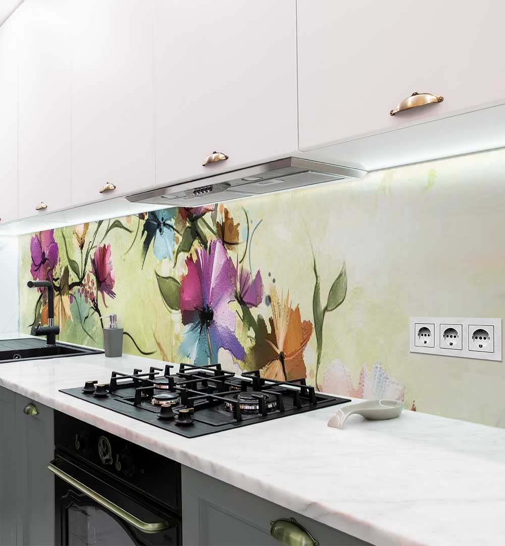 MyMaxxi - Selbstklebende Küchenrückwand Folie ohne Bohren - Bunt blühende Blumenranke grün 60cm hoch- Klebefolie Wandtattoo Wandbild Küche - Wand-Deko - Pflanze blühen Kunstwerk -