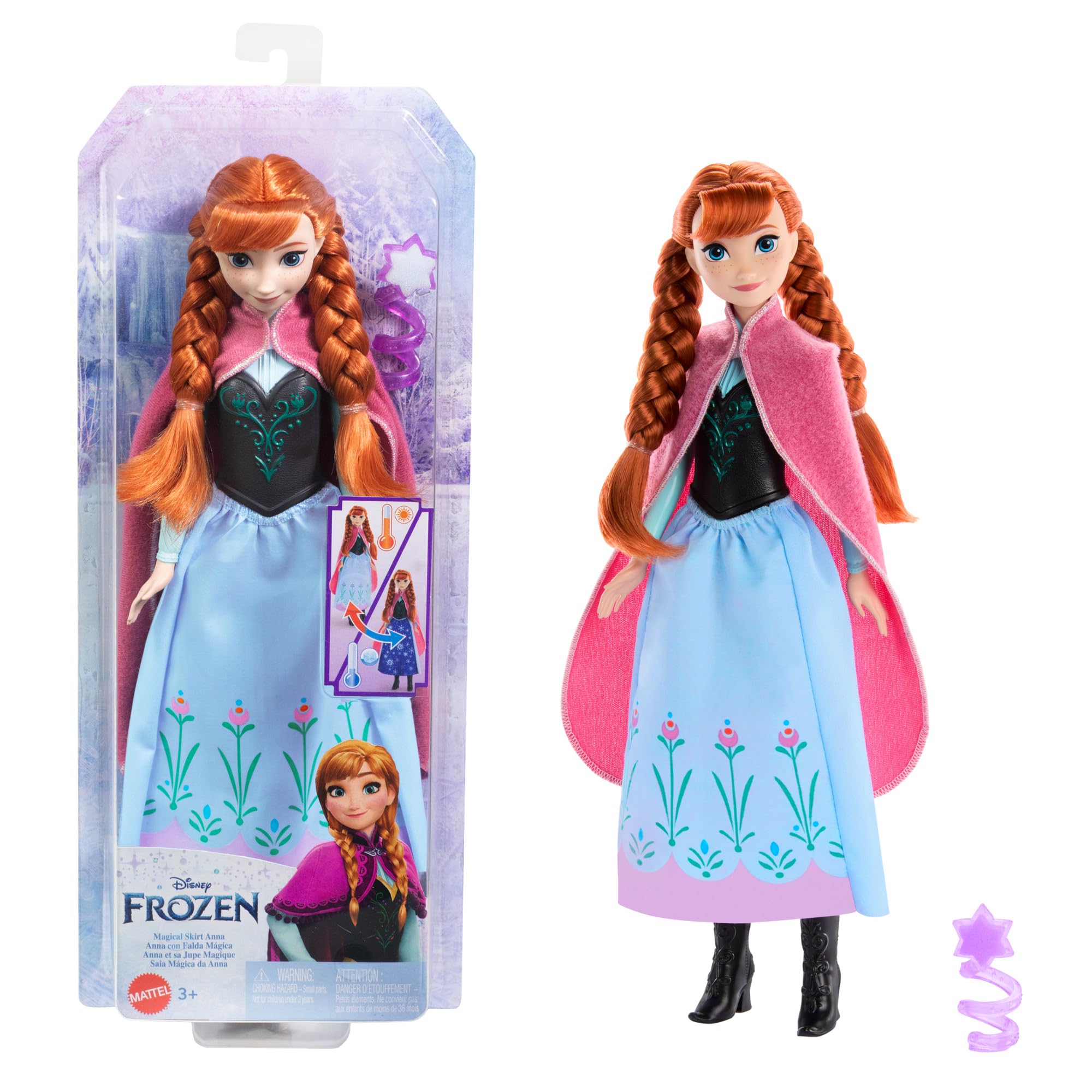DISNEY Frozen Die Eiskönigin Anna Puppe - magischer Rock mit Farbwechseleffekt aktivierbar mit Schneeflockenzauberstab und Wasser, inklusive Haarbürste, für Kinder ab 3 Jahren, HTG24