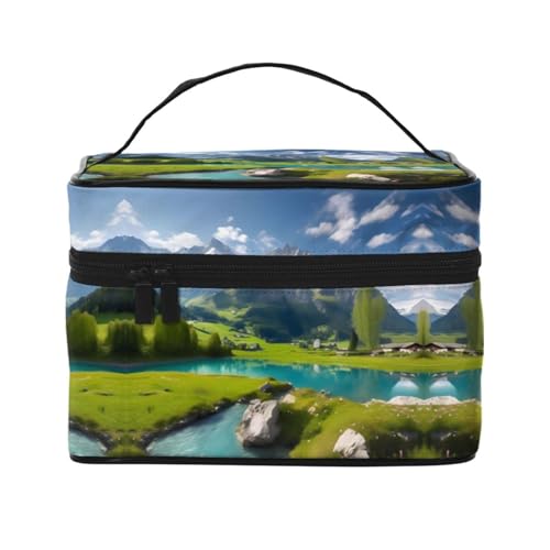 Highland Lake Scenery Stilvolle und praktische Reise-Kosmetiktasche mit extra großen Fächern und Reißverschluss, wasserdicht, Schwarz , Einheitsgröße