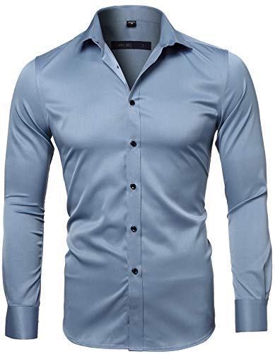 Herren Hemd Langarm Bügelleicht für Freizeit Business Hochzeit Businesshemd Freizeithemd Men’s Shirt Bambusfaser Einfarbig Slim Fit EU 39 Blaugrau