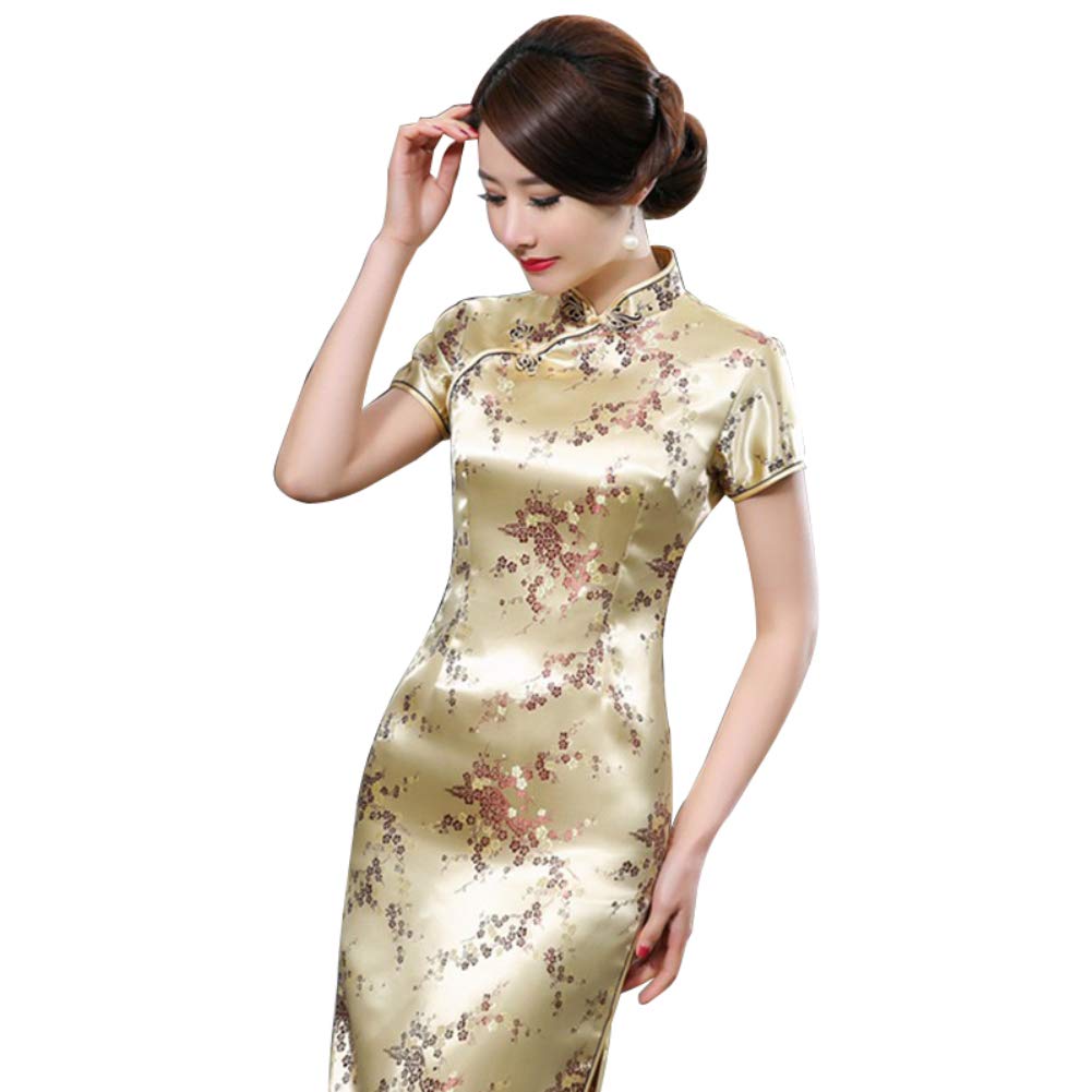 Kalaokei Cheongsam-Kleid, traditionelles Pflaumenblüten-Design, für Damen, chinesisches langes Cheongsam-Abendkleid, goldfarben, S