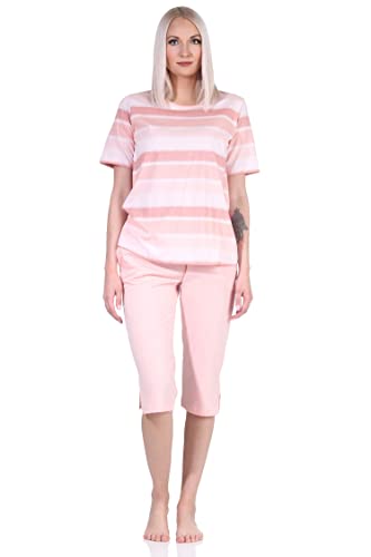 NORMANN-Wäschefabrik Damen Capri Schlafanzug Kurzarm Pyjama im farbenfrohen Streifen Look - 122 204 90 464, Farbe:rosa, Größe:36-38