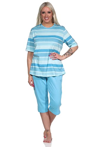 NORMANN-Wäschefabrik Damen Capri Schlafanzug Kurzarm Pyjama im farbenfrohen Streifen Look - 122 204 90 464, Farbe:blau, Größe:40-42