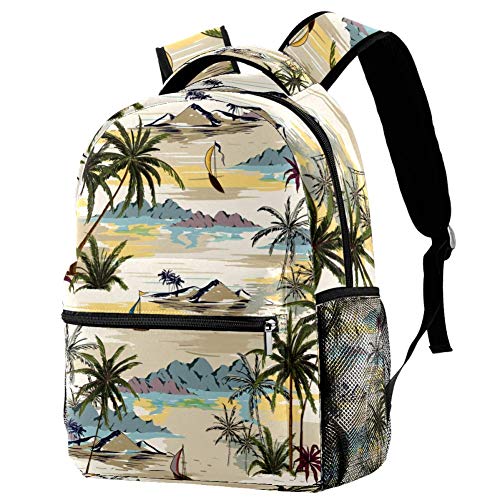 LORVIES Vintage Inselmuster Palmen Strand Ozean Landschaft Casual Rucksack Schulterrucksack Büchertasche für Schule Studenten Reisetaschen