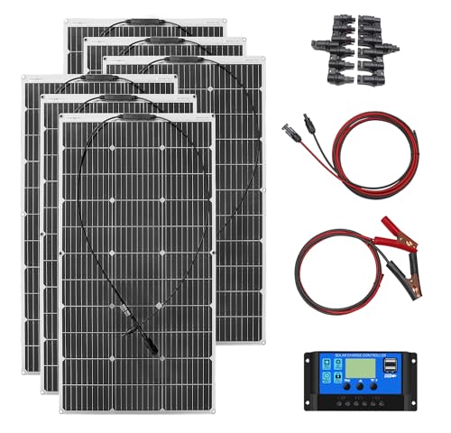 600W solar panel, 6pcs 100W 18v - monocrystalline (highly efficient) solar charge, with 60 A controller USB output, suitable for motorhome, boat, tent, car, trailer, 12 V battery, black (600)