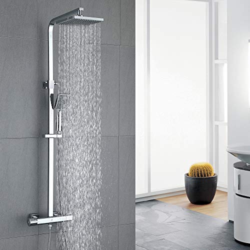 HOMELODY Duschsystem mit Thermostat Regendusche eckig Duscharmatur Duschset Dusche inkl. Handbrause, Regenbrause, Duschstange chrom