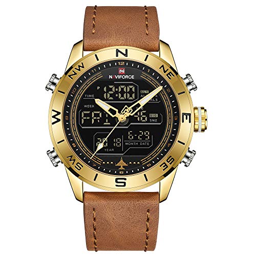 NAVIFORCE Herren wasserdichte Sportuhren Leder Digital Analog Watch Luxus Casual Dual Time Armbanduhr(G/G/LBN)