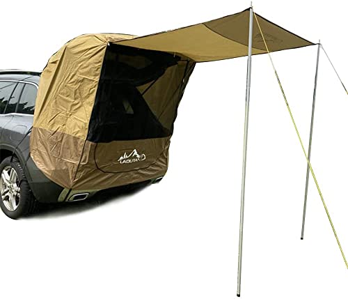Sport Tent Heckzelt Auto SUV Camping Zelt Vorzelte Universal Wasserdicht Heckklappenzelt für Outdoor Kombis Baldachin Anhänger mit Moskitonetz 2 Sandsäcken, Khaki mit 2 Stangen