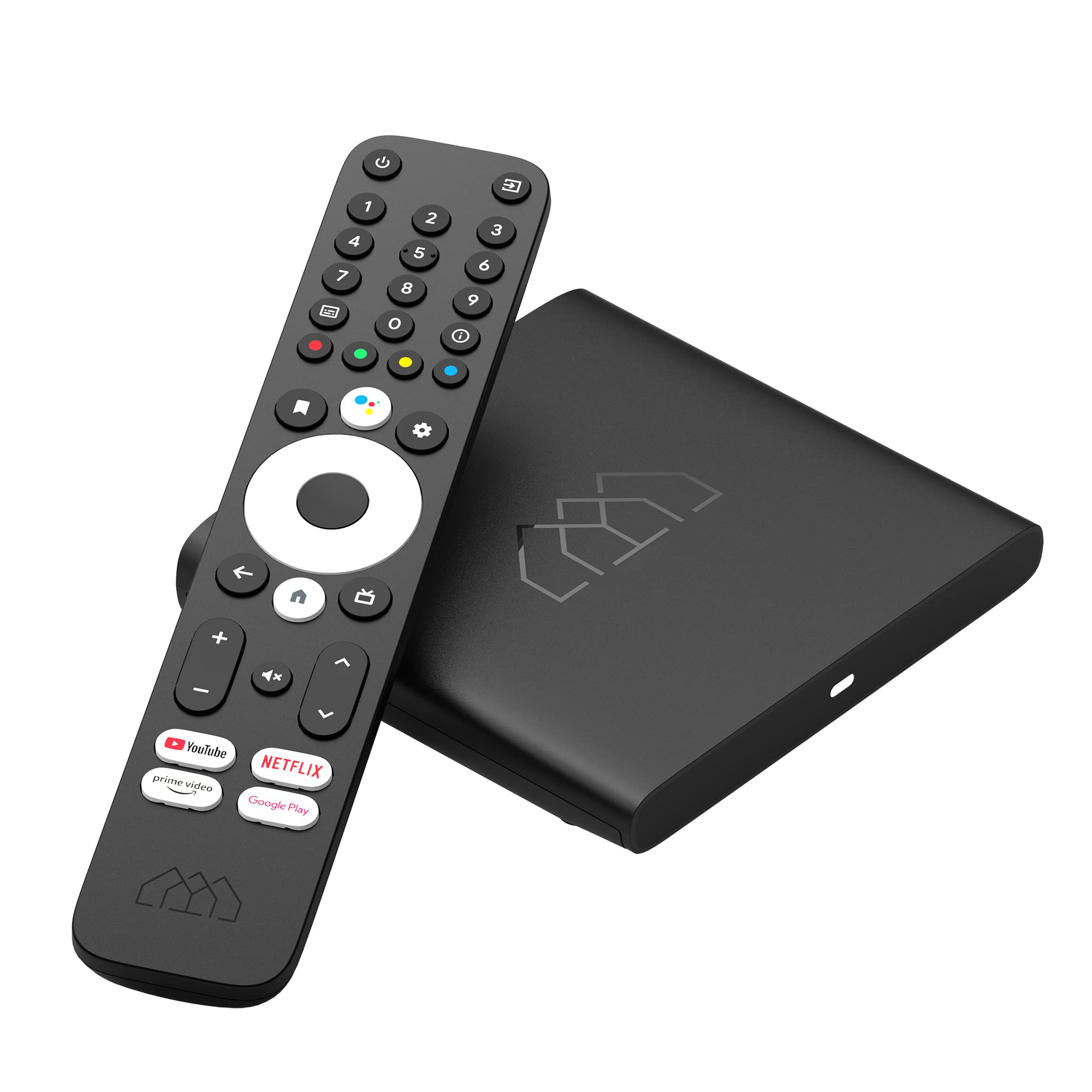 Zertifizierte AndroidTV 4K Homatics BoxQ mit DVB-T2/C Combo Tuner, Antennen & Kabelfernsehen, Dualband W-LAN, Bluetooth, USB, Mediaplayer, MicroSD, Google PlayStore, Netflix, YouTube & Prime Video