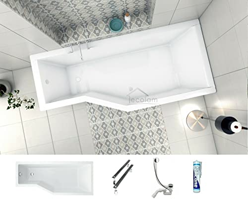 ECOLAM Badewanne Eckbadewanne Integra Acryl weiß 150x75 cm RECHTS Ablaufgarnitur Ab- und Überlauf Automatik Füße Silikon raumsparend platzsparend