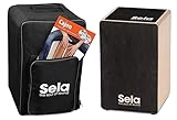 Sela SE 120 Primera Cajon Black Einsteiger Bundle mit Sela Snare System, aufgebaut, Rucksack, Sitzpad, Schule, CD, DVD